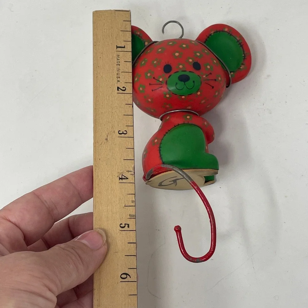 Vintage Mouse Christmas Ornament Red Green Floral Pattern Retro Whimsical Decor